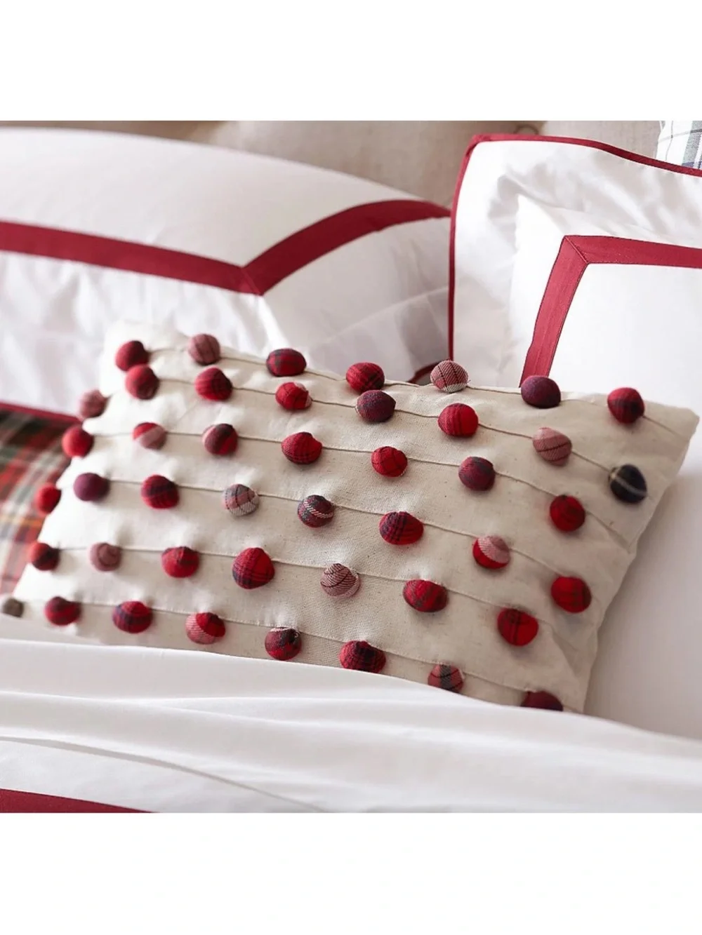 Pottery Barn Cream Pillow with Red and Navy Pom Dots